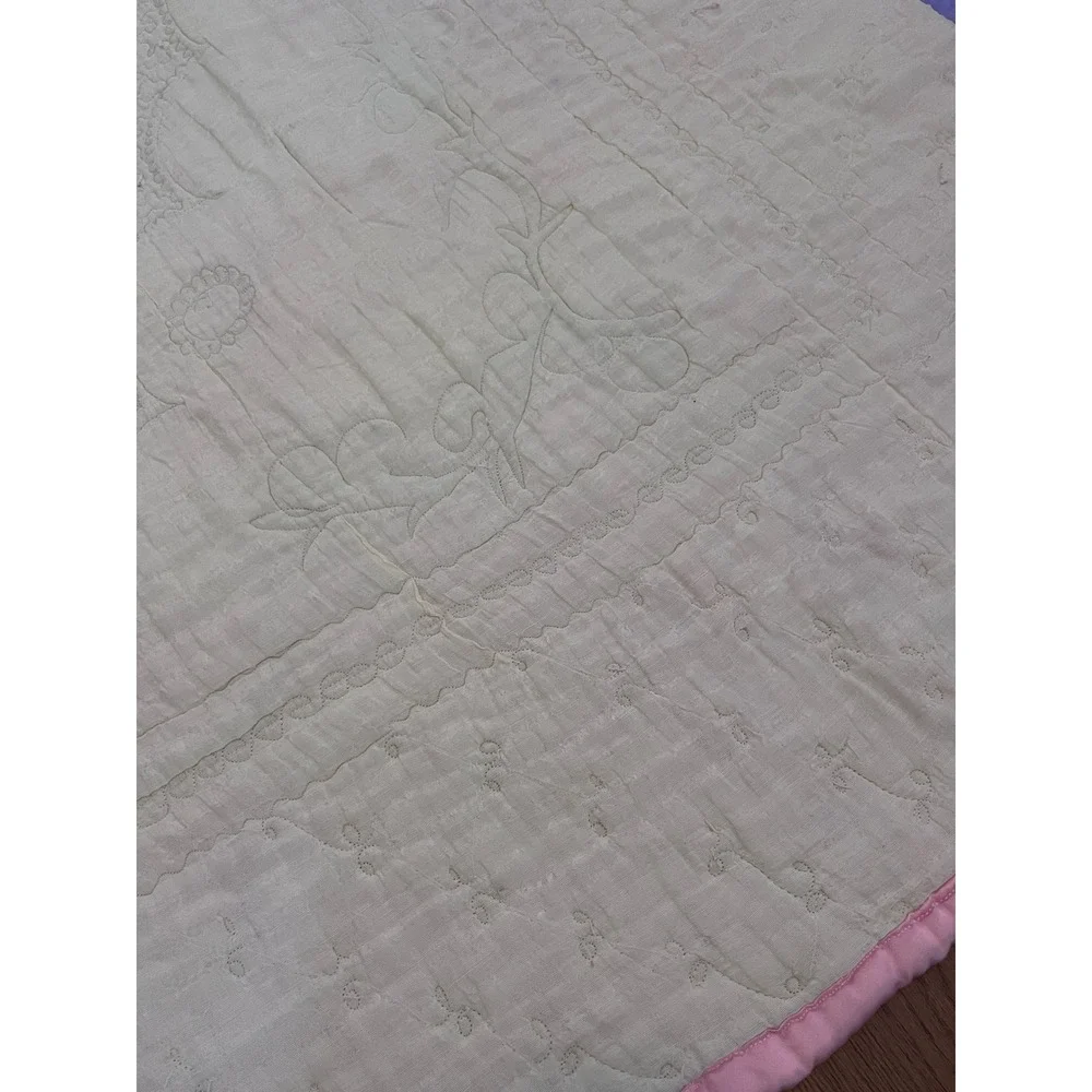 Vintage Asian Satin Wedding Quilt Pink Crane Embroidery Bedspread 80x80 Handmade